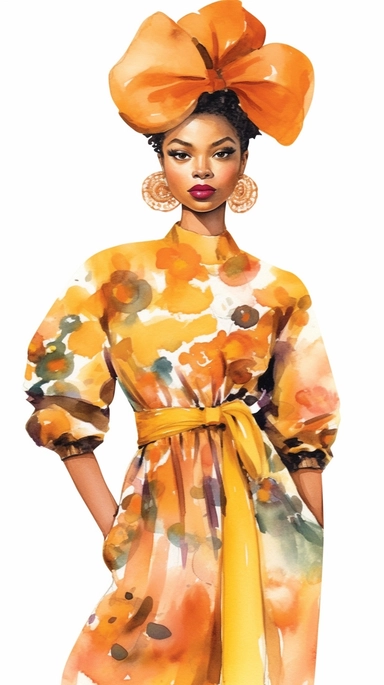 A vibrant watercolor illustration featuring an African American girl with a unique sense of beauty and style. Her hair is depicted with intricate textures and patterns, showcasing her natural beauty. The girl is shown in a fashionable outfit, exuding confidence and elegance. The illustration is in a clipart style, isolated on a clean white background with a resolution of 300dpi and various aspect ratios.