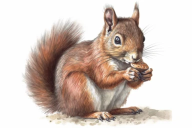 A highly detailed watercolor clipart of an isolated red to brown squirrel, by Laura Harris, watercolor specialist, realistic texture, detailed brushwork, high-resolution 300 dpi, nature-inspired art, intricate artwork, fine art quality, animal portrait, botanical art, isolated on white