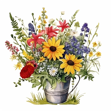 Watercolour Meadow-Inspired bouquet Extra large, Create a meadow-inspired arrangement by combining native UK and American flowers that bloom in meadows, Mix cowslips, cornflowers, and red campions from the UK with black-eyed Susans, goldenrods, and butterfly weeds from Americaplanted in a Metal wheelbarrow watercolour flower arrangement, clipart, vector, intermingled with greenery, white background, no captions, no vase, flower bed setting, aspect 2:2 repeat 5
