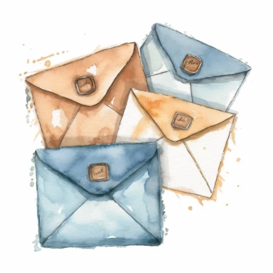 Watercolor cute mail clipart. brown blue beige white background