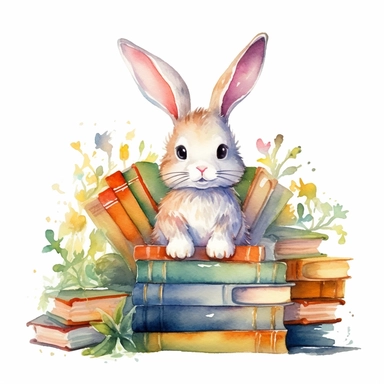 an enchanting watercolor clipart image with a white background, portraying a book-loving cute cartoon rabbit with a bookshelf filled with colorful book