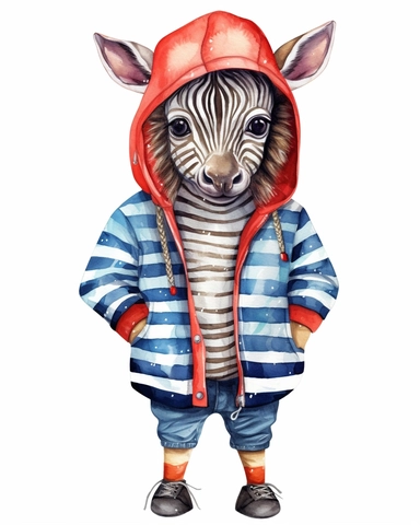 detailed watercolor Baby Zebra with jacket , hyper realistic, isolated on a white background, clipart