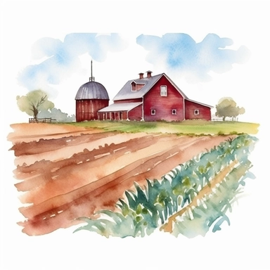 A watercolor painting of a farmhouse with a red barn and fields of crops, Watercolor clipart, isolated on white background