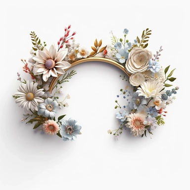 Photorealistic 3d clipart minimalist boho floral border arrangement, Semi-elliptical shape, white background, clean sharp lines, very detailed, 64k, ultra-clear, ultra-delicate