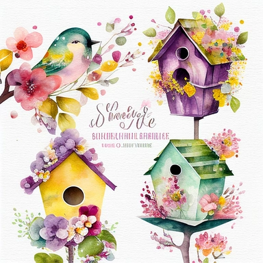 Watercolor Bird Houses Clipart - springtime cute birdhouses and blossoms