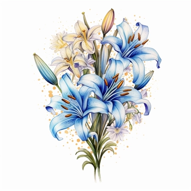 a bouquet of bright stargazer lilies with blue tiny flowers , color pencil sketch on a white background for clipart