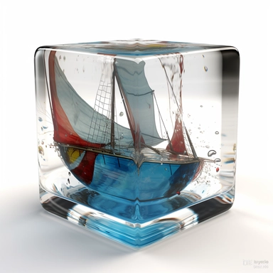 clipart 3D sailbot inside epoxy rasin cube. glass cube has sharp edges. preserved in resin, vibrant color, white background