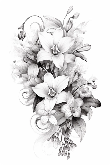 ine drawing clipart of orchids and chrysanthemum in black and white