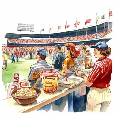 A retro-style baseball game at a local stadium, with spectators cheering and enjoying classic ballpark snacks, clipart, watercolor, white background, american style