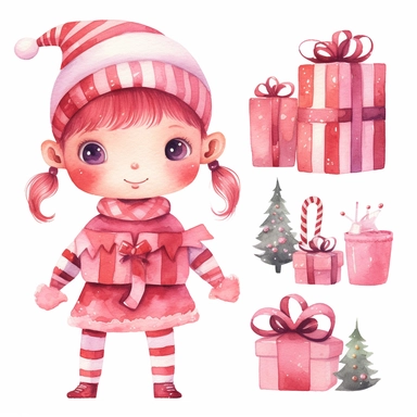 Cute christmas elf toy workshop pink watercolor clipart