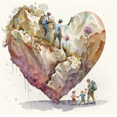 a cute loving American family rock-climbing in a magical rocky mountain (a perfect close-up single-point-perspective view from the back) with its own habitats (flowers and plants) made into a heart-shape, vintage in watercolor style clipart, use darker to