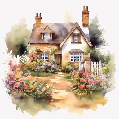 watercolour English cottage garden with a mix of colorful flowers and hedges plain background a png image that can be used as clipart
