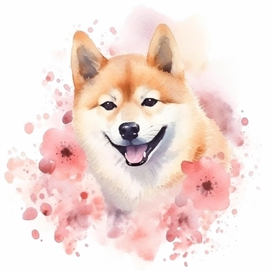 watercolor dog shiba clipart , hight detail, cute, kawii , fresh Sakura, cheerful ,postcard