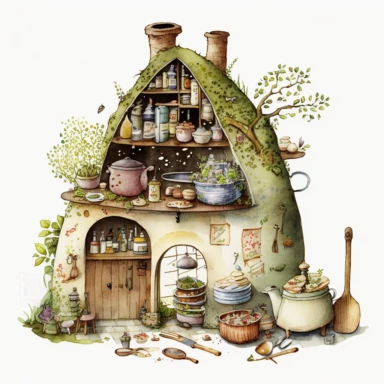 a hyper-detailed illustration watercolor clipart of a whimsical kitchen of a fairy house built out of natural materials by a human,complete kitchen utensil and kitchenware and foods in preparation watercolor illustration, illustration style a combination of Beatrix Potter and Tove Jansson,isolated on white background with margins, cut-out images