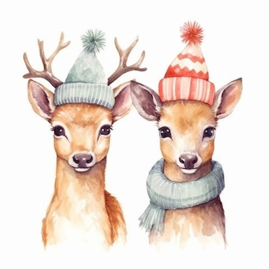 cliparts of deers with christmas hats, vintage illustration, pastel colors, in Pierre Redouté style, isolated on white background