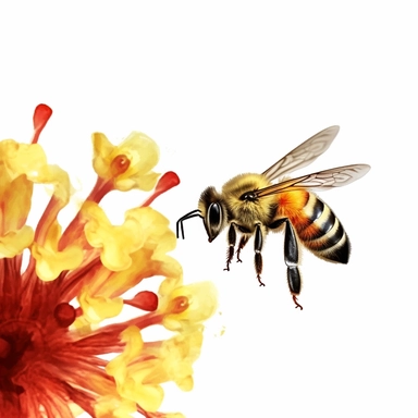 create a watercolor clipart of honey bee flying towards yellow flower, fully focused, sharp image , clipart on a white background