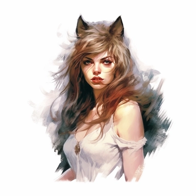 beautiful stunning pretty vintage werewolf female character, paint art style, clipart, white background, superrealistic, one of a kind