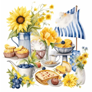 swedish theme clipart, midsummer holiday, flowers, flags and food, in the style of dreamy watercolor scenes, detailed character illustrations, mundane materials, storybook illustration style, swedish colors, white backround