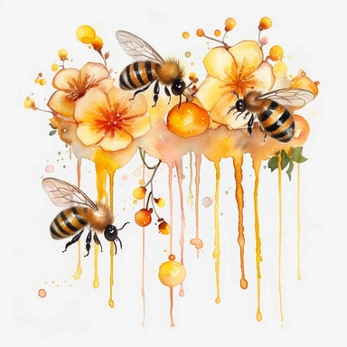 dripping honey border, watercolor, clipart, bees, honeycomb, flowers, white background