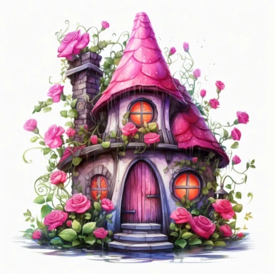 clipart style dark fairy house with hot pink roses high resolution highly detailed watercolor 16 k
