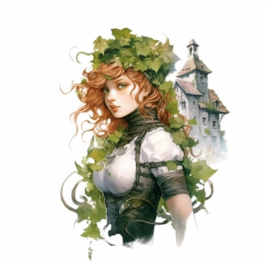 Steampunk style weared cottage girl with watercolor effect,unrealistic fantastic,white background,suitable for digital cliparts,fantastic scene,high quality,leaves,ivy,green plants - @nhnztrk (Waiting to start)