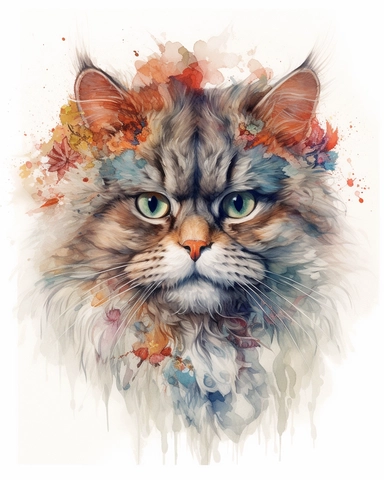 Watercolor Painting of Persian cat head on white background good anatomy, DETAILED ILLUSTRATION, Flora Design Patterns, Flemish Baroque by Rachel Ruysch, Behance, Rococo, Intricate Detailed, Soft Light Effect, Oil Paint Strokes, Light Academia Aesthetic Flowers, Lighting cinematic, all shown shimmering stamens, tyndall light, texture, colorful, 8k, fantasy, ray tracing, vivid, spectacular lighting, octane rendering, highly detailed, ultra - realistic, white background, clipart