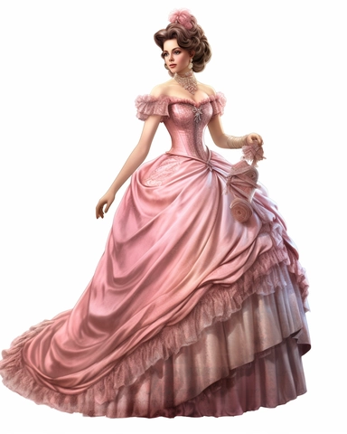 detailed beautiful lady , dressed in a pink victorian vintage dress on a party, hyper realistic, 8k, isolated on white backgorund, clipart