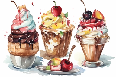 Watercolor Banana Split Sundae clipart hd, white background,