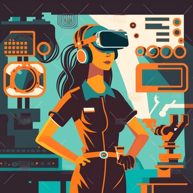 worker wearing vr headset, girl, woman, standing in an assembly plant, gauges, coding, vr developer, virtual reality, poster, simplistic, abstract, vector, 2d illustration, clipart, few colors