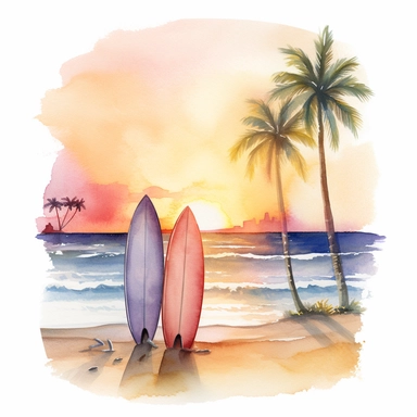 watercolour tropical beach scene sunset framed with a couple of surf boards stuck in the sand, png image that can be used as clipart