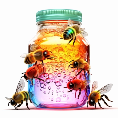 CLIPART OF a honey jar and bees, white background, holographic, futuristic, transparent details, chromatic aberration, colorized, diffraction grading , 4k, 8k, highly detailed, neon pastel color palette, retrofuturpunk, scattering, black and white balance