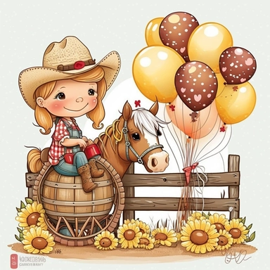 cute cartoon drawing, a garland of balloons ,pastel cute little Cowboys Clipart, sweet little girl Cowgirl Clipart, Cowboy Clip Art, Wild West Clipart, Sheriff Clipart, Western Clipart, Western Cowboy, sunflowers, a wooden cart, cute horse riding , wooden