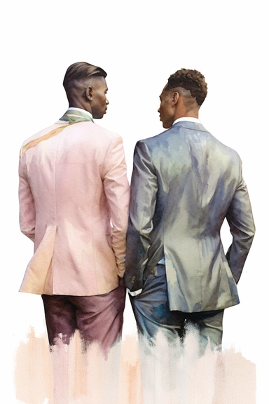 watercolor portrait illustration of dark-skinned groom with dark-skinned best man clipart, view of the back, zoomed in close view, in style of Michiel van Huysum, subtle faded color variations, hyper-detailed hd watercolor clipart, on white background, spaced out