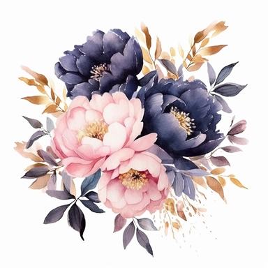 wedding floral clipart, watercolor, pink and golden and navy blue colors, pink and white peonies, isolated on blush pink
