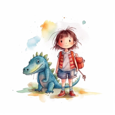 on isolate white background, simple design, illustration, flat colors, simple lines, graphic novel style, 2d painting, watercolor painting style, trending on art station, digital art, girl, childrens character design, dinosaur costume, happy mood, watercolor, pixar style cartoon, without line work, minimalist, clipart