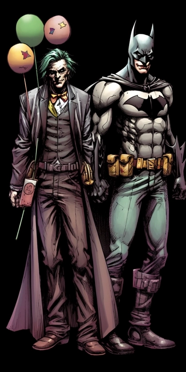 Nice clip art, colorful drawing, standing as best friend batman and joker from movie are very happy, celebrate birthday,