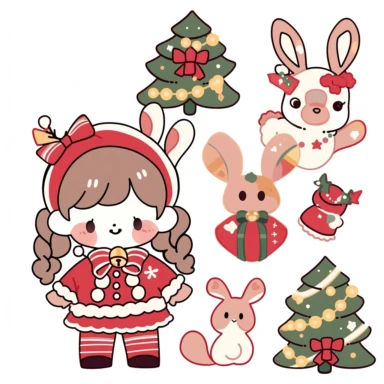 kahles xmas stickers vector collection | ornament vectors clipart stickers, in the style of kawaii manga, simplified line work, animal figurines, lacquer painting, plush doll art, intersecting lines, multi-layered figures, 8k