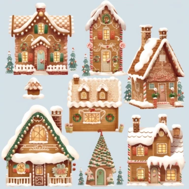 <@936929561302675456> very detailed, gingerbread house town village set of clipart, flat, no 3D, light brown and white, transparent background,