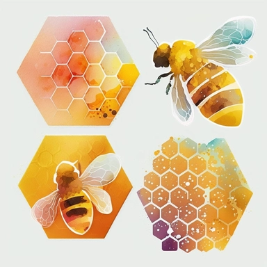 watercolor bee comb shape set of 4 clipart, beautiful yellow, in the style of collage-like elements, cartoonish style, paul wonner