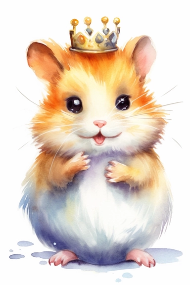 Create a watercolor clipart picture of a happy princess hamster with a tiara, white background. The hamster should have a cute and happy expression, with its fur depicted in soft watercolor textures.