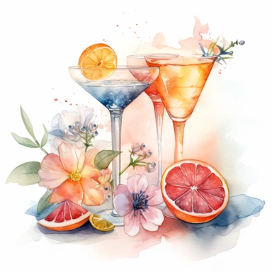 dreamy realistic watercolor flatlay of martini, paloma, aperold spritz, and citrus drinks at a bar during the summer at restaurant in the city with floral arrangements, purses, lipstick, floral arrangement, during golden hour, bright and light pink, pale peach, fade to blue boho style, muted color palette, white background, isolated on white, 8k, high detailed