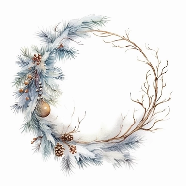 stunning christmas frame made of snowy branches , beautiful Christmas clipart, soft faded colors, beautiful watercolor art by Marjolein Bastin, Thomas Kinkade, Carl Larsson, Norman Rockwell, Susan Wheeler, isolated on white background