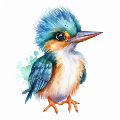 a colorful baby kingfisher with kind eyes clipart with watercolor illustration,full body shot,8k,etsy style, white background