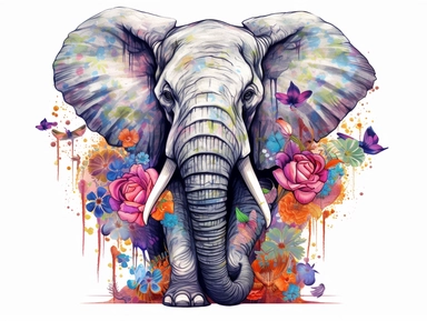 Highly detailed ink color illustration of a elephant, floral elements, pastel colors, cute style, clipart white background in 8k resolution