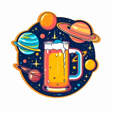 artwork for t-shirt graphic of beer with planets inside the mug, neon colors, contour, vector image, flat, white background, simple, clipart