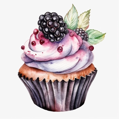 watercolor black berry cupcake clipart, hd