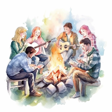A group of friends gathered around a campfire, roasting marshmallows and singing folk songs from the 1960s, american style, watercolor, clipart