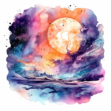 an image of a watercolor, in the style of imaginative spacescapes, web-based art, purple and orange, light sky-blue and black, cosmic themes, light white and magenta, clipart