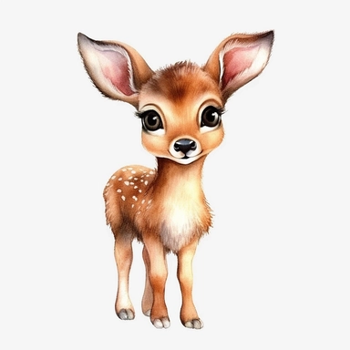 Watercolour animated whimsical cute baby woodland deer beautifully detailed perfect facial features four perfect legs and hooves Bambi inspired ultra highly detailed, 18k, sharp focus, bright photo with rich colours digitally enhanced, enhanced graphics, straight, sharp focus, bright lighting, intricate detailed png image ,high definition,300dpi,graphic clipart,computer graphics