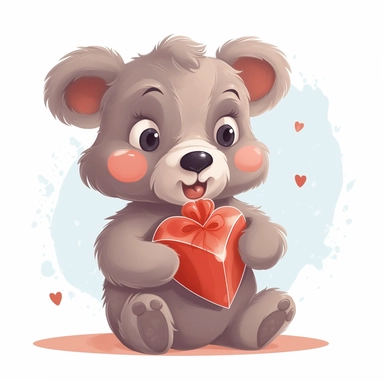 Clipart of a cute baby bear with a heart-shaped gift on a white background